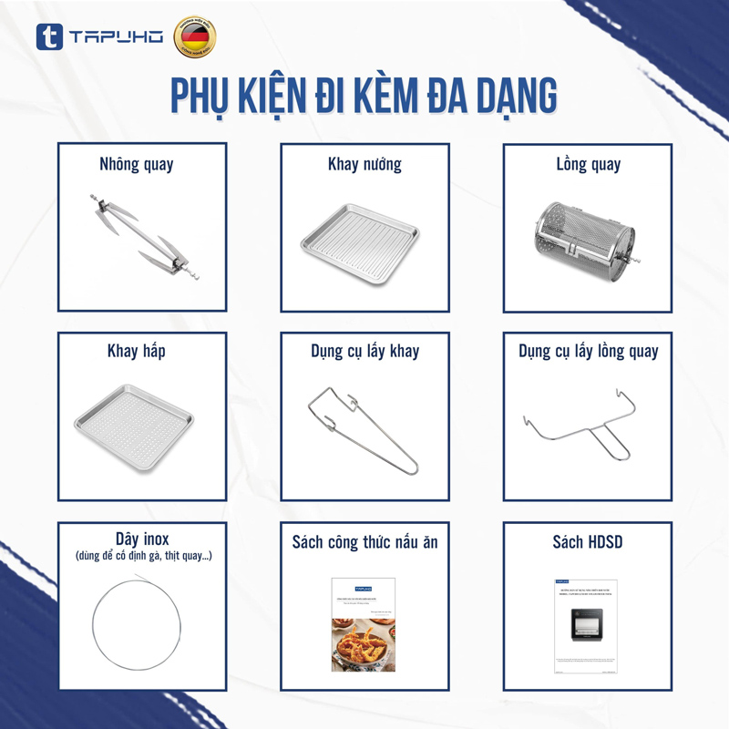 Mua nồi chiên hơi nước Tapuho đi kèm với nhiều phụ kiện và sách hướng dẫn bằng tiếng Việt rất dễ sử dụng