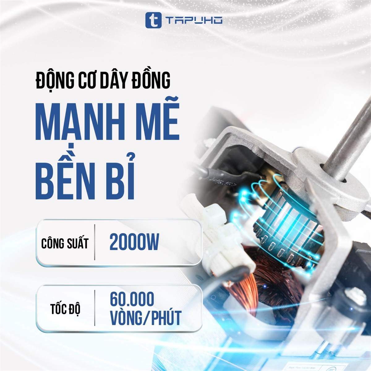 Động cơ bằng đồng giúp máy xay khỏe hơn, ít hao phí điện năng và kéo dài tuổi thọ của máy